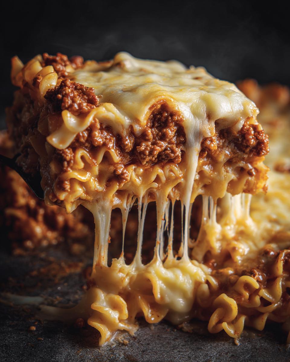 A slice of Ramen Lasagna being lifted, showcasing layers of ramen noodles, meat sauce, and melted cheese.
