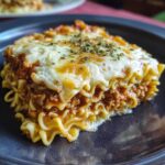 A single slice of Ramen Lasagna with layers of noodles, meat sauce, and melted cheese.