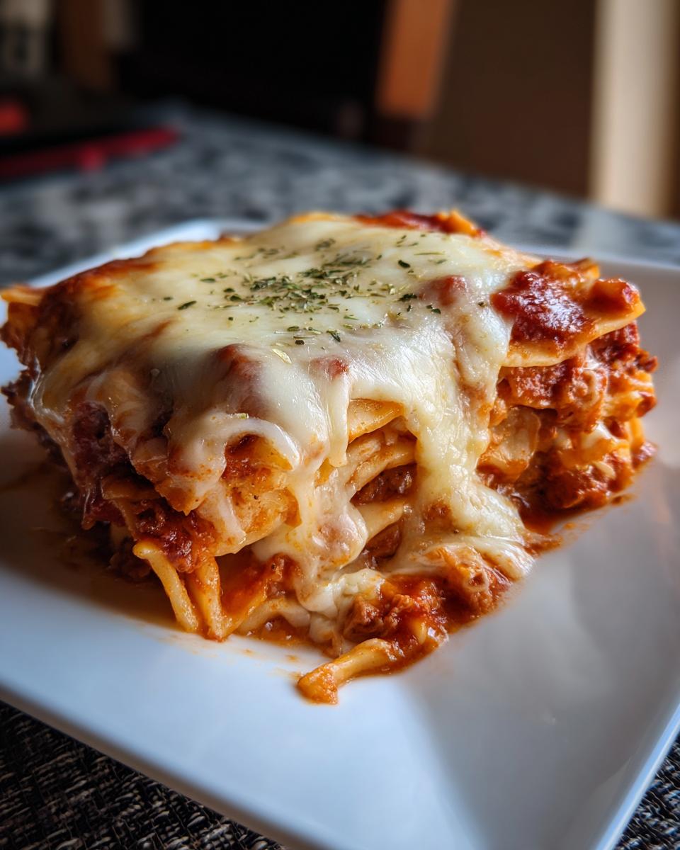 A slice of Ramen Lasagna with layers of ramen noodles, meat sauce, and melted cheese on a white plate.