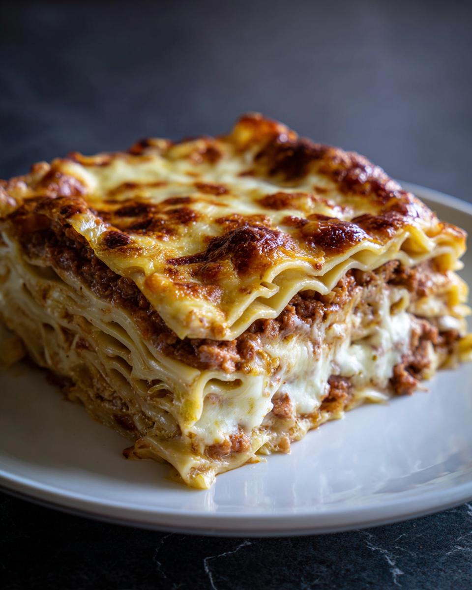 A delicious slice of Ramen Lasagna with layers of ramen noodles, meat sauce, and melted cheese.