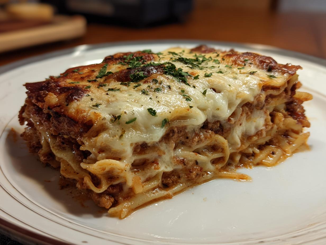A delicious slice of Ramen Lasagna with layers of ramen noodles, meat sauce, and melted cheese, garnished with parsley.