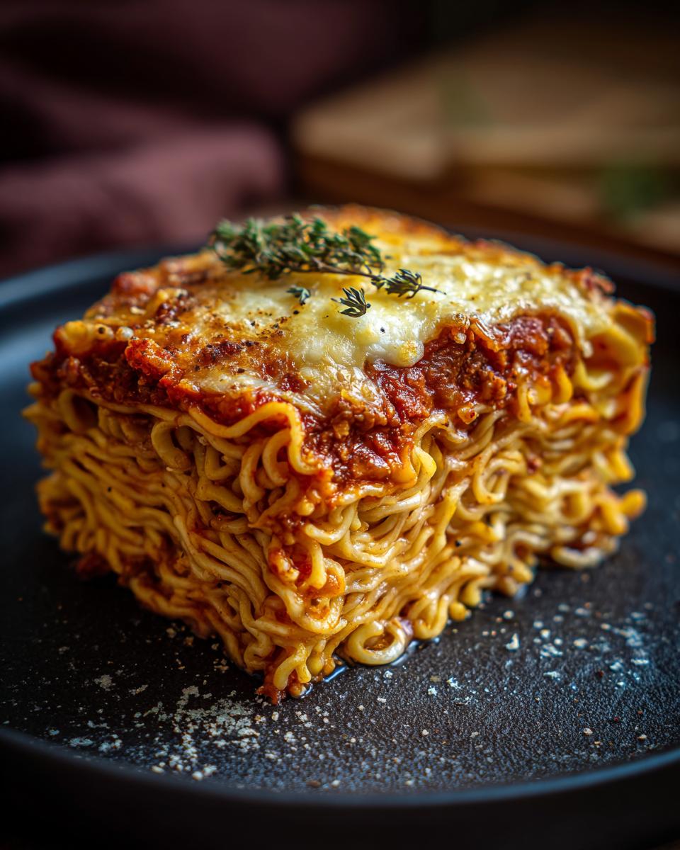 A delicious slice of Ramen Lasagna with visible layers of ramen noodles, sauce, and cheese, garnished with herbs.