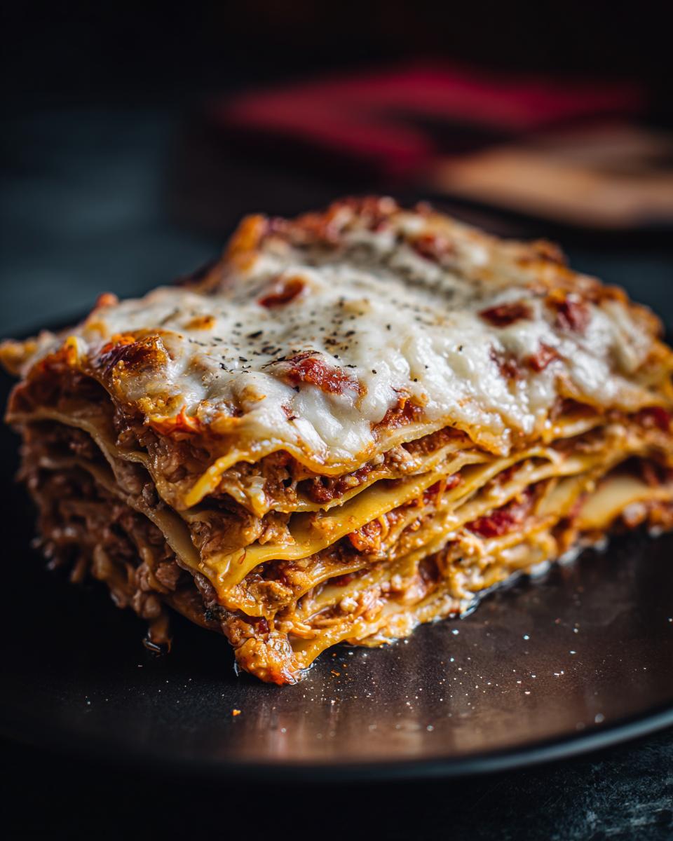 A slice of Ramen Lasagna with visible layers of noodles, sauce, and cheese on a dark plate.