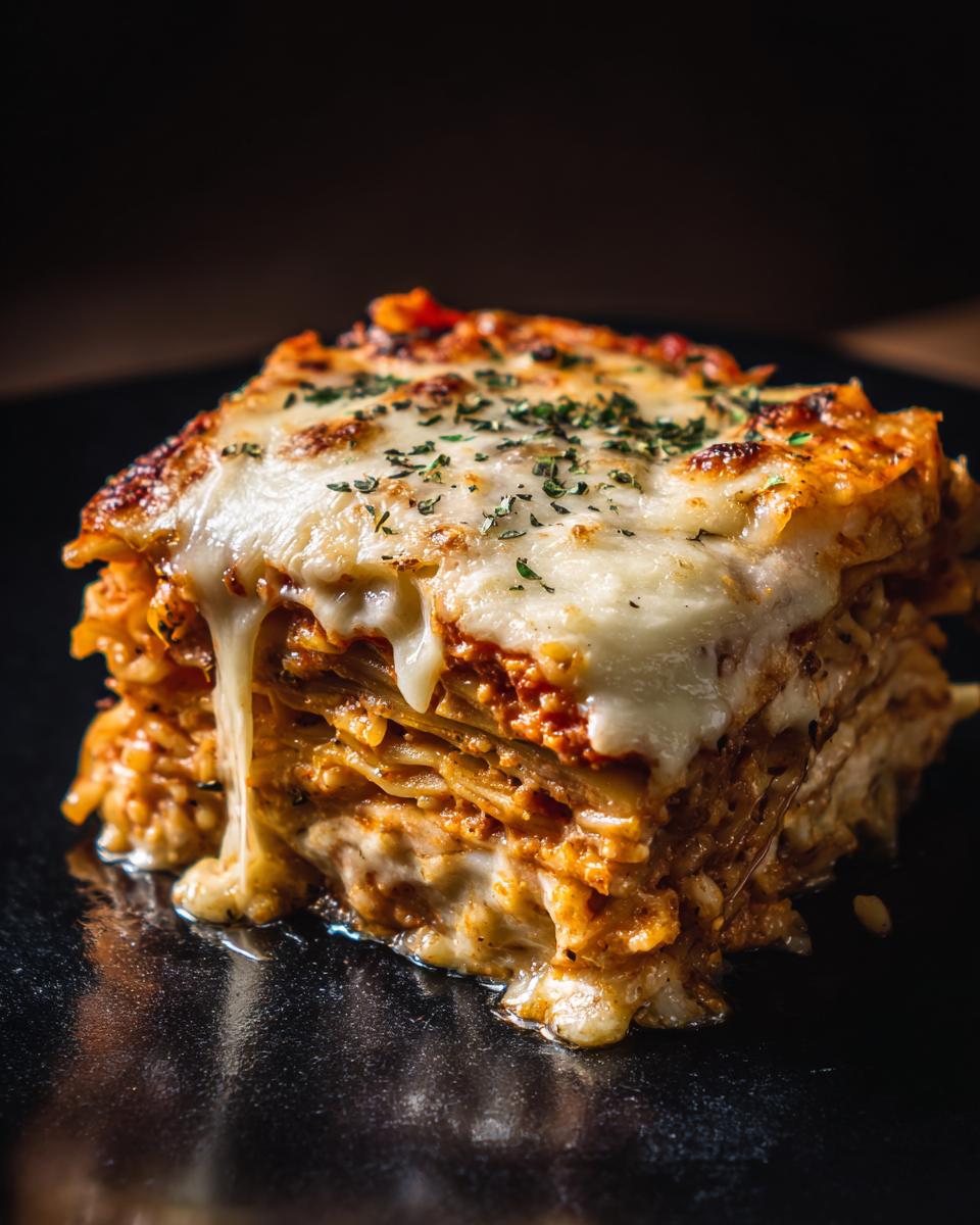 A slice of Ramen Lasagna with layers of ramen noodles, sauce, and melted cheese, garnished with herbs.