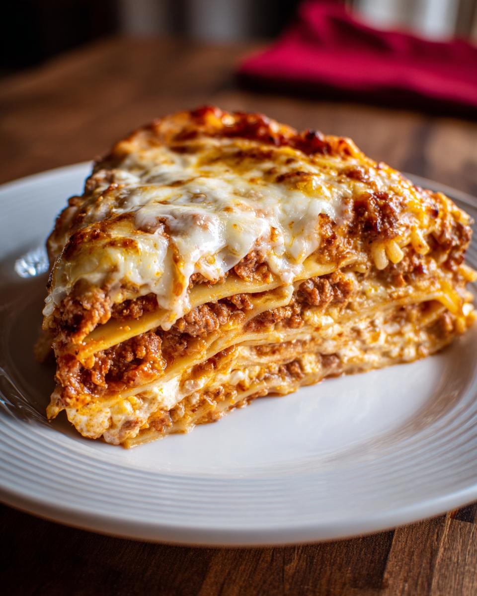 A delicious slice of Ramen Lasagna with layers of ramen noodles, meat sauce, and melted cheese on a white plate.
