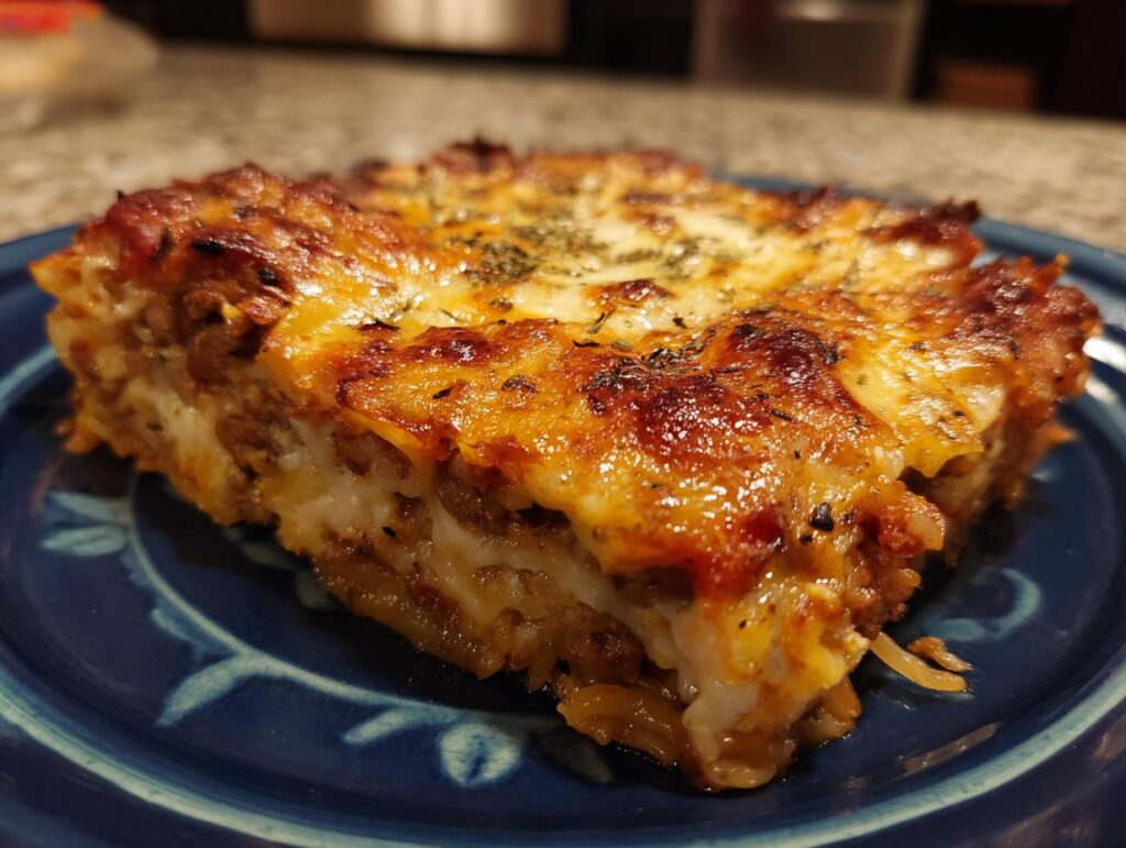 A slice of Ramen Lasagna on a blue plate, showcasing the layers of ramen noodles, meat, cheese, and herbs.