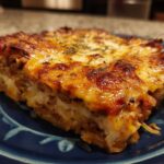 A slice of Ramen Lasagna on a blue plate, showcasing the layers of ramen noodles, meat, cheese, and herbs.