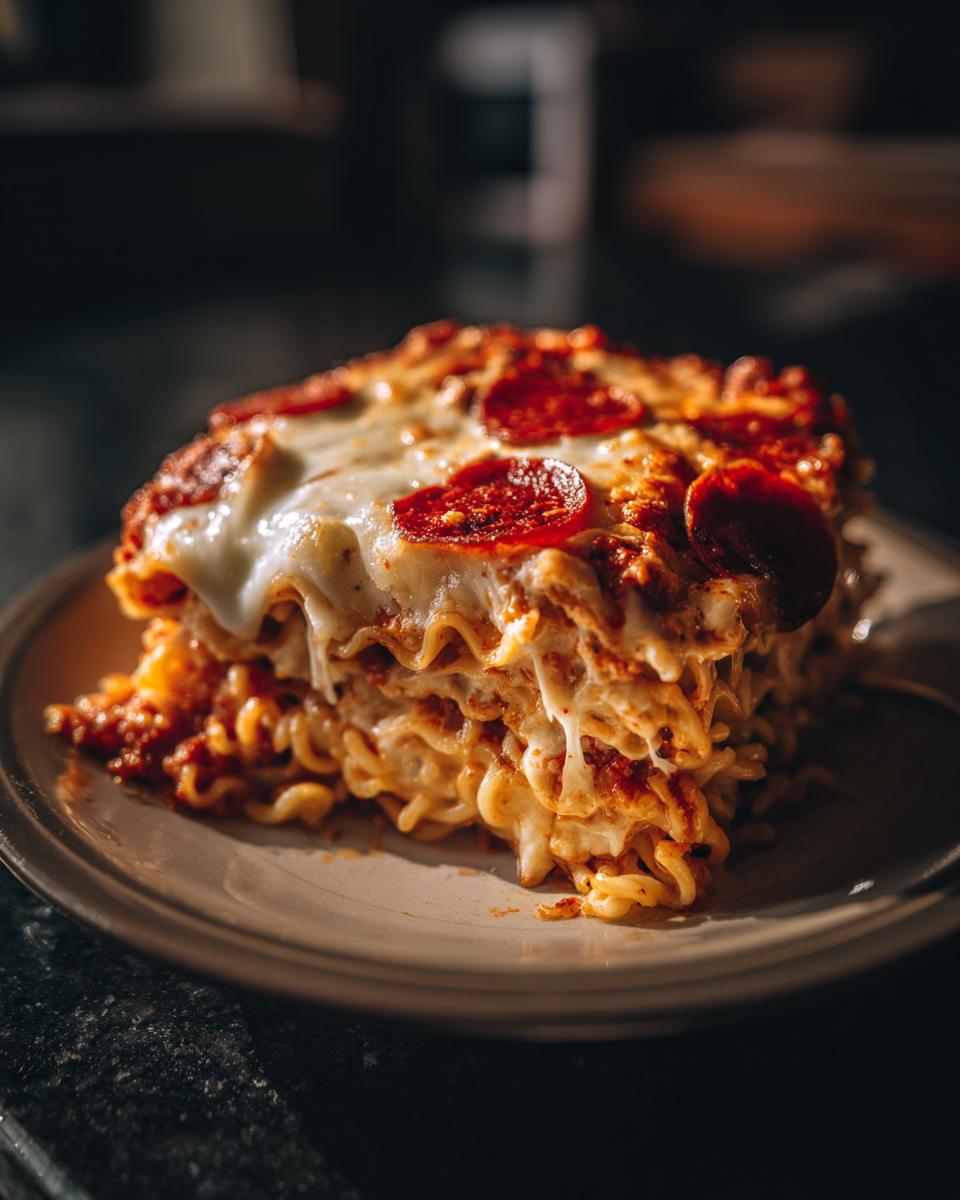 A slice of Ramen Lasagna with layers of ramen noodles, sauce, cheese, and pepperoni on a plate.