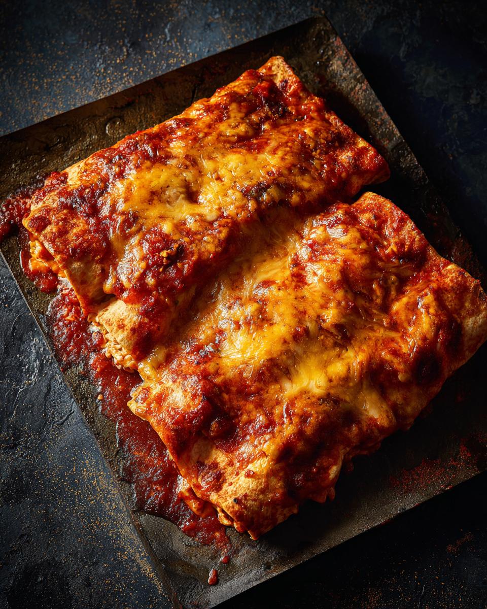 Two Restaurant-Style Red Cheese Enchiladas on a dark metal tray, topped with red sauce and melted cheese.