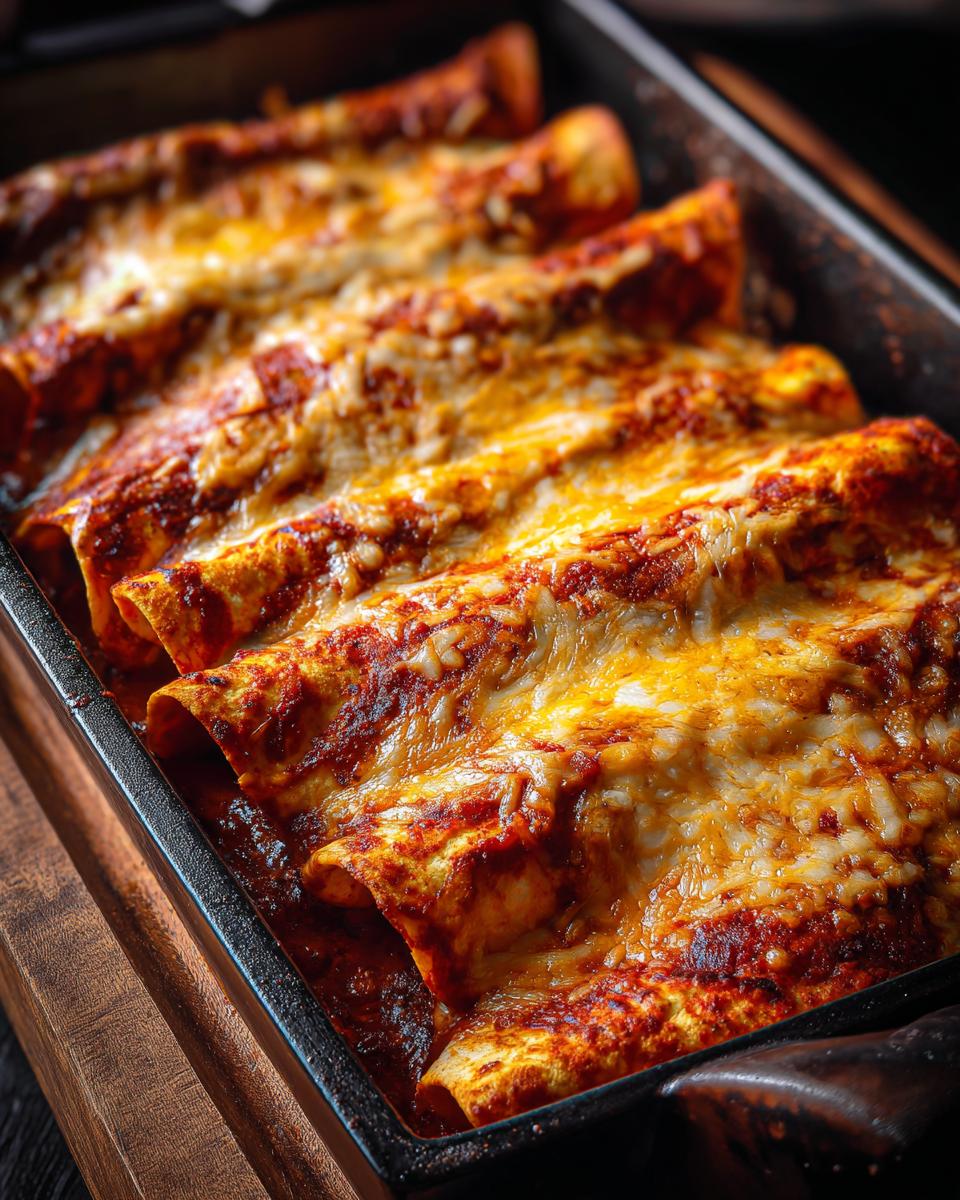 A baking pan filled with Best Restaurant-Style Red Cheese Enchiladas, topped with melted cheese and red sauce.
