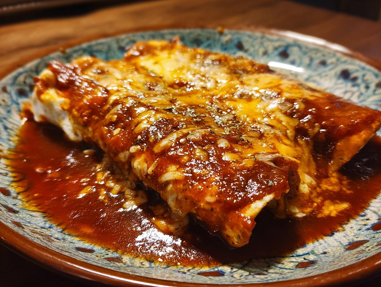 Two restaurant-style red cheese enchiladas covered in red sauce and cheese on a decorative plate.