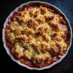 Overhead shot of a freshly baked rhubarb crisp in a white baking dish, golden brown crumble topping.
