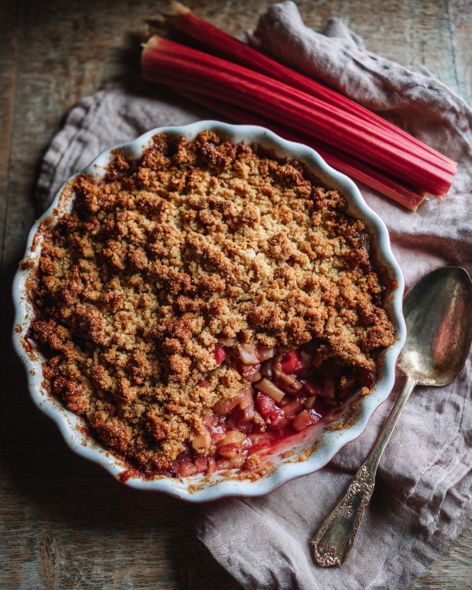Overhead shot of The Rhubarb Crisp in a white baking dish, with rhubarb stalks and a spoon on a linen cloth.