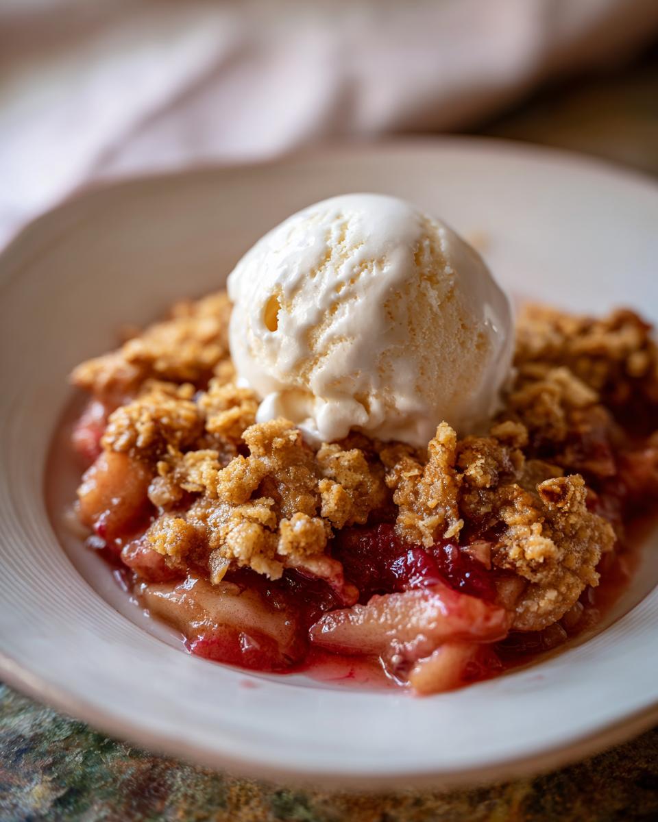 A serving of rhubarb crisp topped with a scoop of vanilla ice cream in a white bowl.