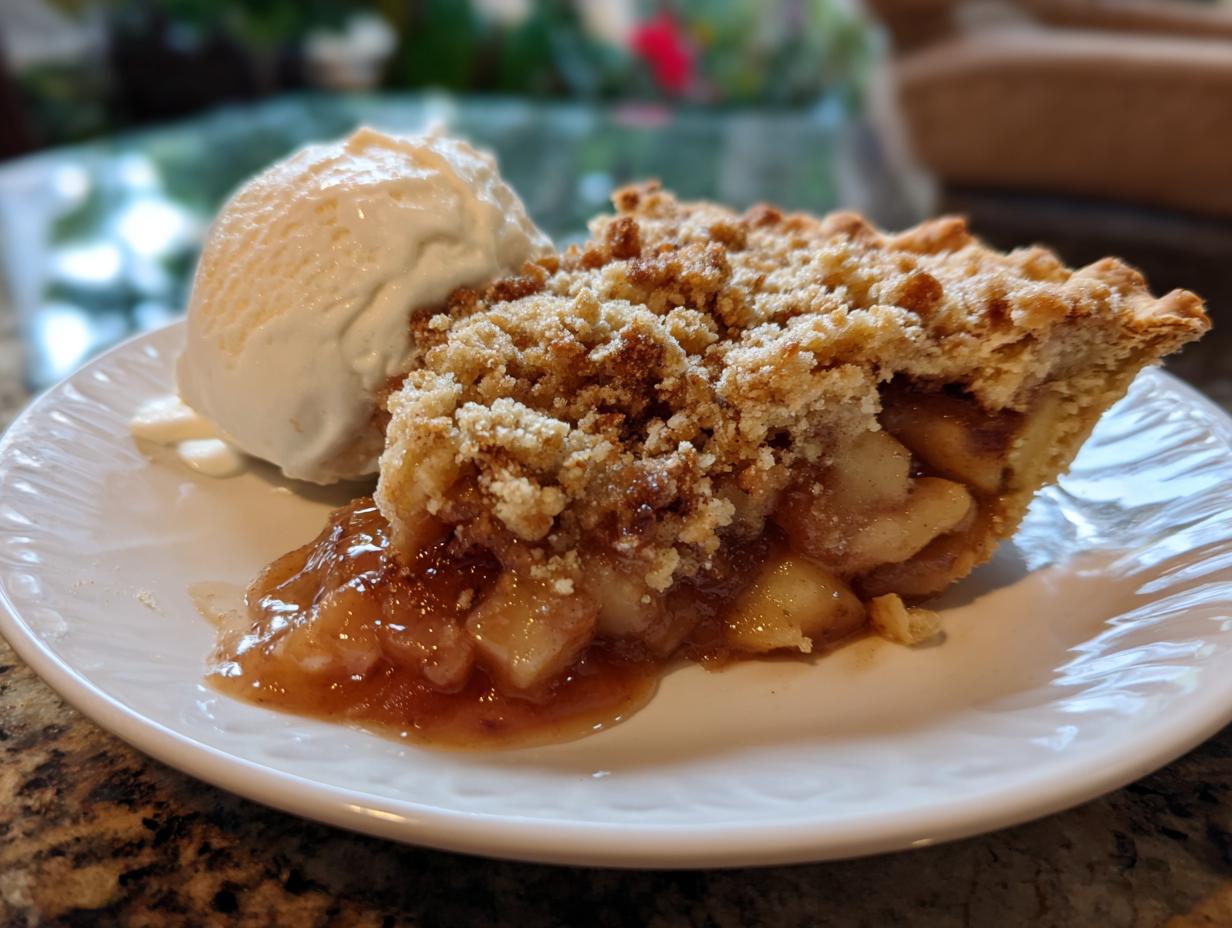 A slice of rhubarb crisp with a scoop of vanilla ice cream on a white plate, ready to eat.