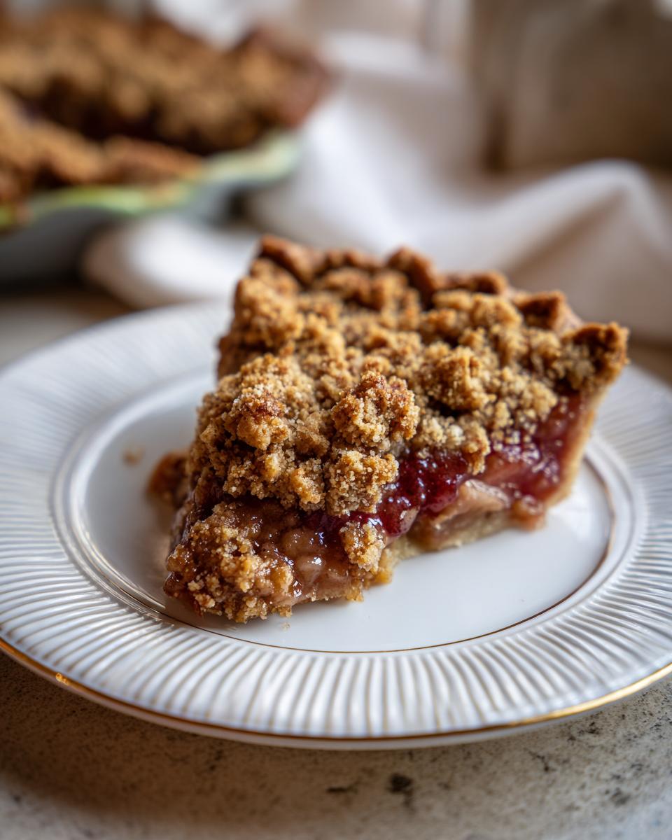 A slice of The Rhubarb Crisp with a crumbly topping on a white plate, showcasing the rhubarb filling.