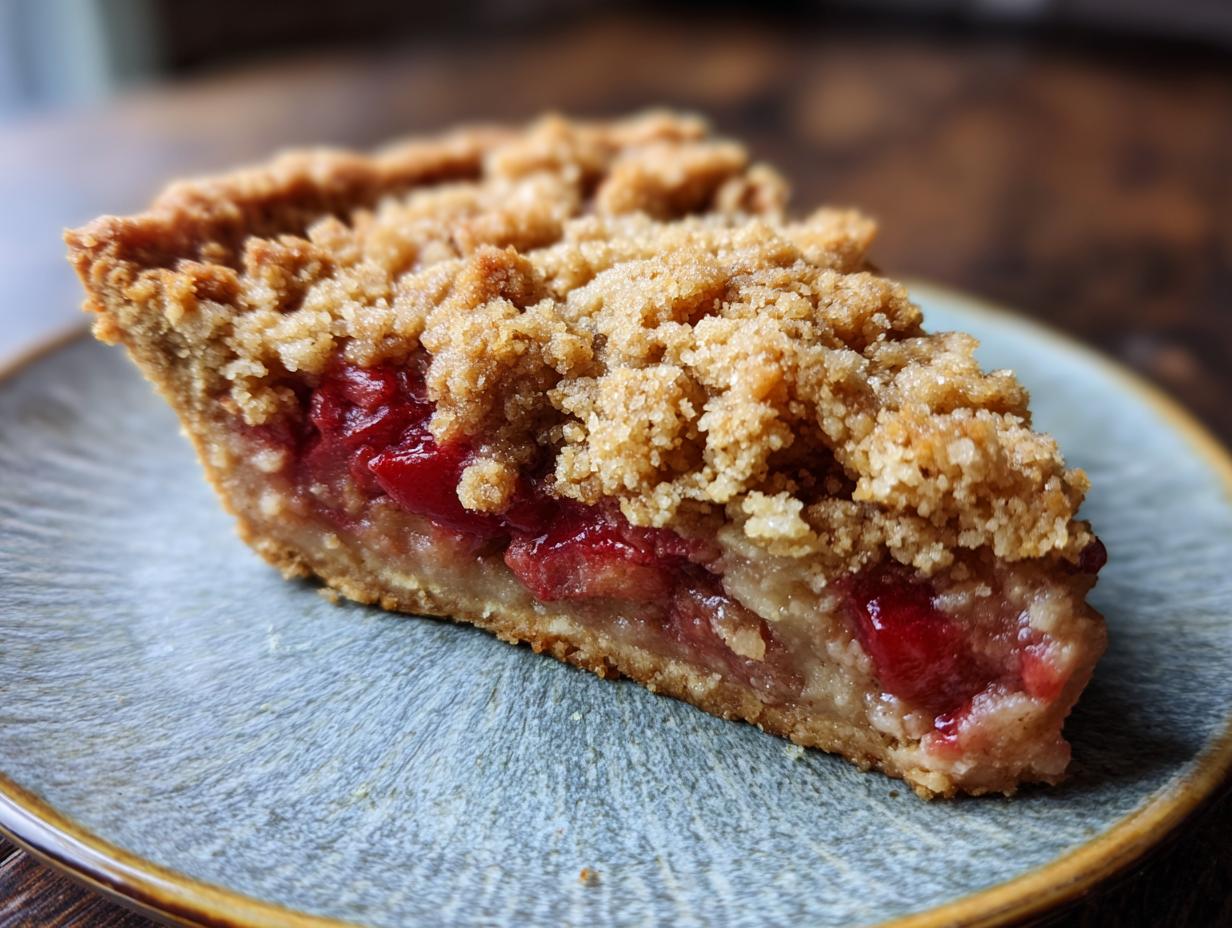 A slice of The Rhubarb Crisp dessert on a blue plate, showcasing the rhubarb filling and crumbly topping.