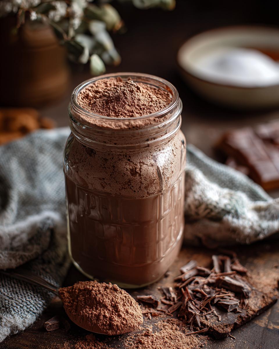 Jar filled with Rich & Creamy Homemade Hot Cocoa Mix, surrounded by chocolate shavings and a spoonful of mix.