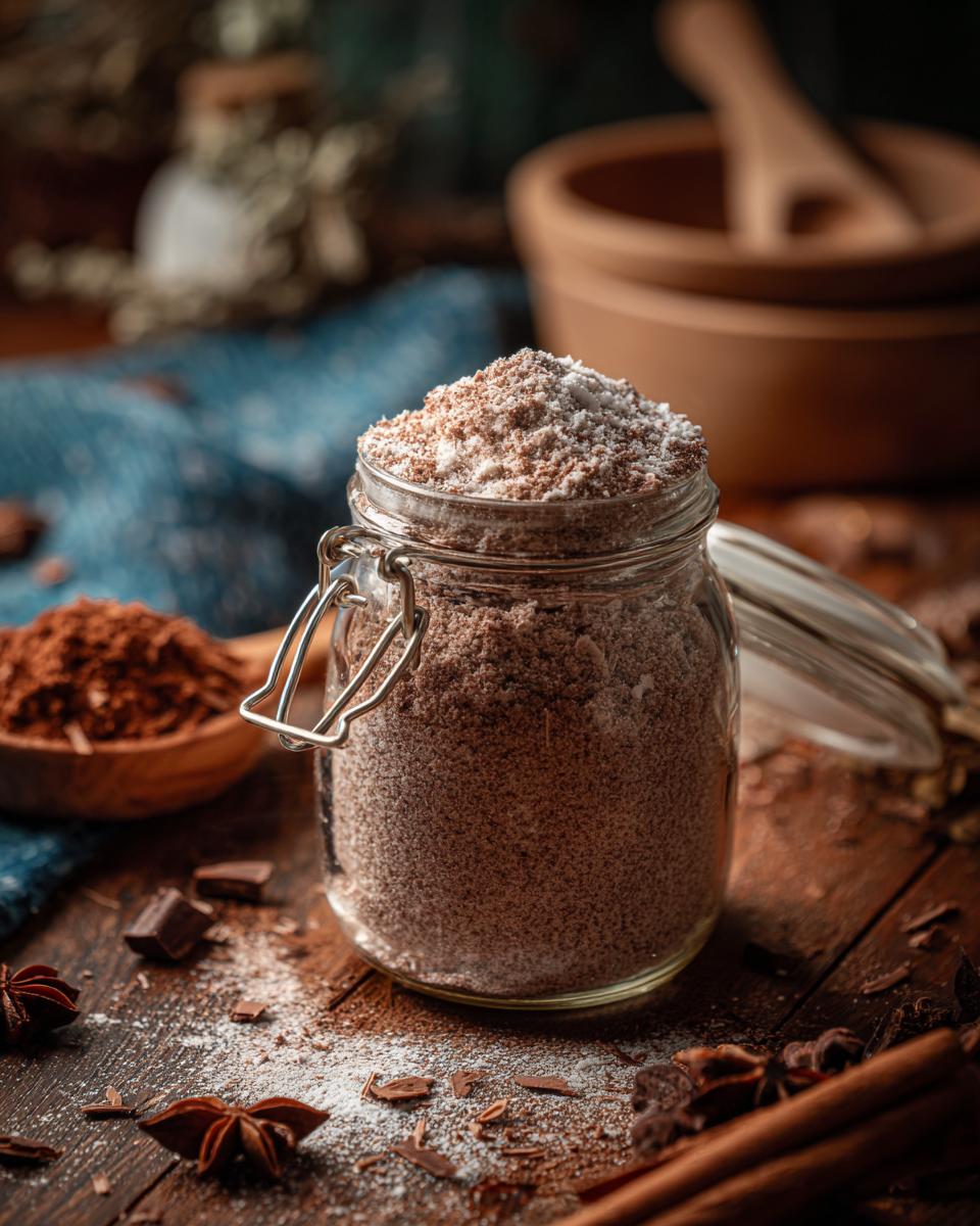 A glass jar filled with Rich & Creamy Homemade Hot Cocoa Mix, surrounded by cocoa powder, chocolate, and spices.
