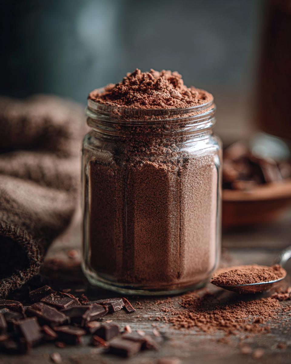 Jar of Rich & Creamy Homemade Hot Cocoa Mix with chocolate chunks and a spoon of mix.