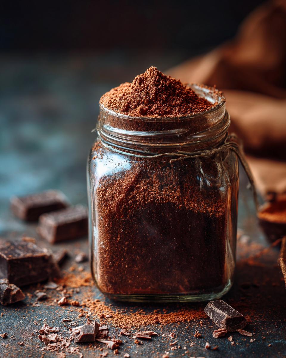 Jar filled with Rich & Creamy Homemade Hot Cocoa Mix, surrounded by chocolate chunks on a dark surface.