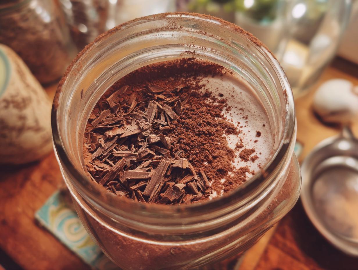 Overhead shot of a jar filled with rich & creamy homemade hot cocoa mix, topped with chocolate shavings and cocoa powder.