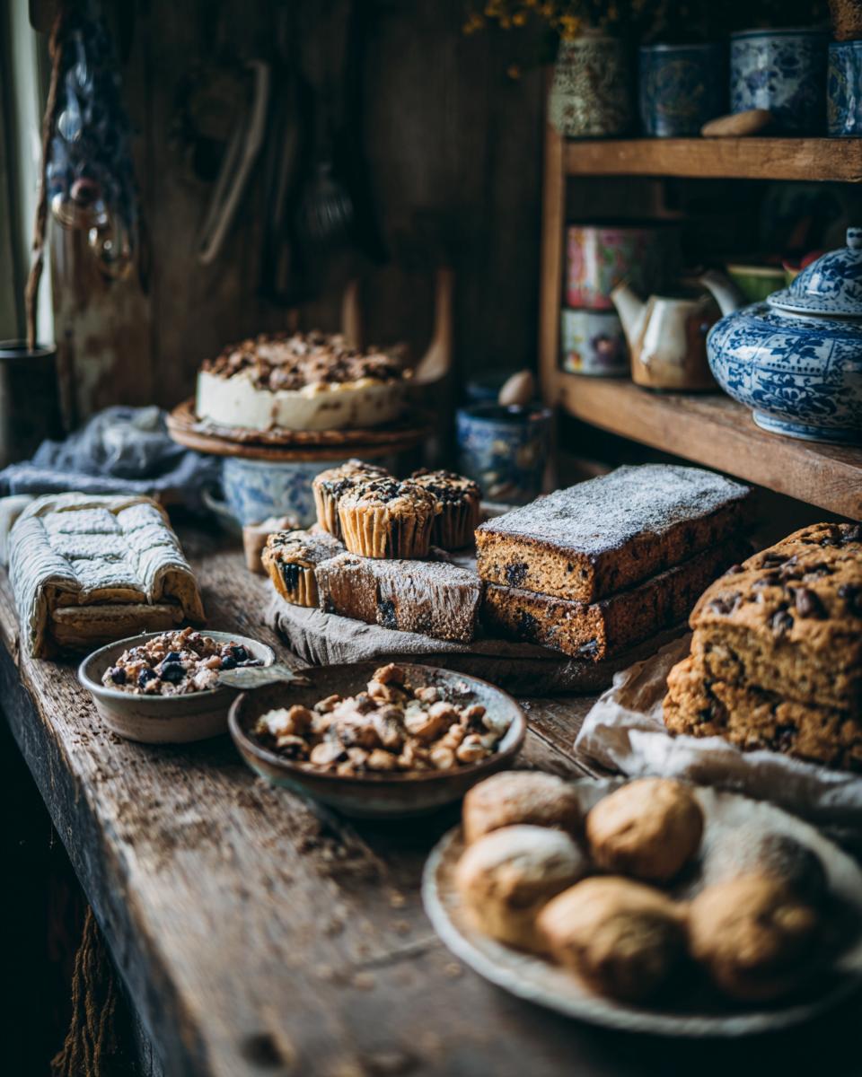 A rustic display of various baked goods, including cakes, muffins, and rolls, showcasing The ULTIMATE Guide to baking.