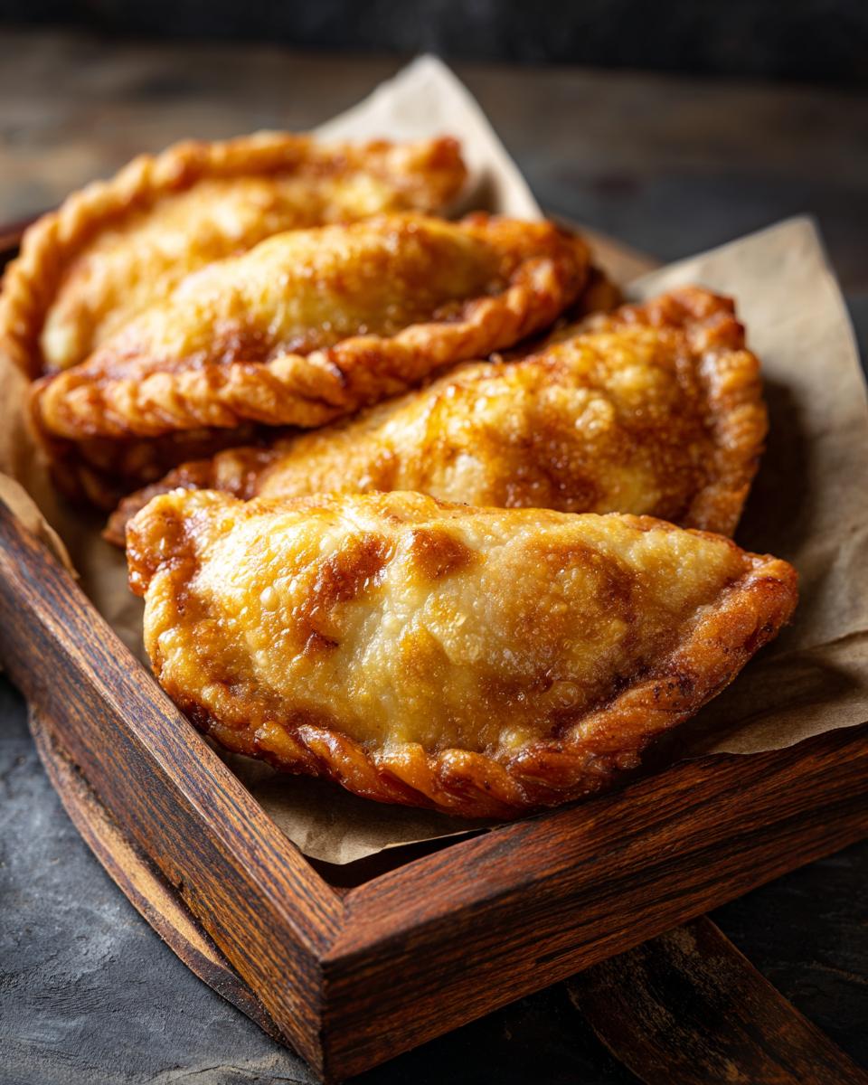 Four shatteringly crisp old-fashioned fried apple pies arranged in a rustic wooden tray lined with parchment paper.