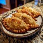 Four shatteringly crisp old-fashioned fried apple pies arranged on a decorative plate, showcasing their golden-brown crusts.