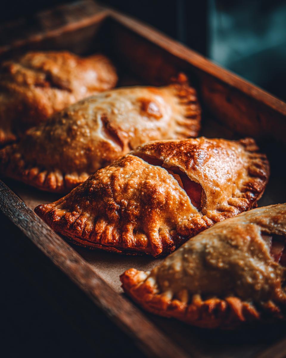 Golden brown, shatteringly crisp old-fashioned fried apple pies arranged in a rustic wooden tray.