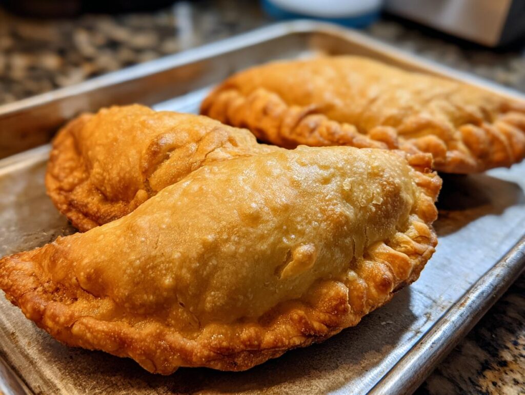 Three shatteringly crisp old-fashioned fried apple pies on a baking sheet, golden brown and freshly made.