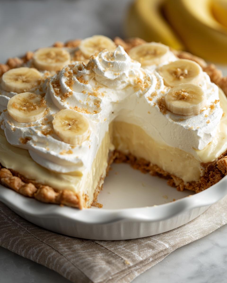 A whole Silky Smooth Banana Cream Pie with a slice cut out, topped with whipped cream and banana slices.