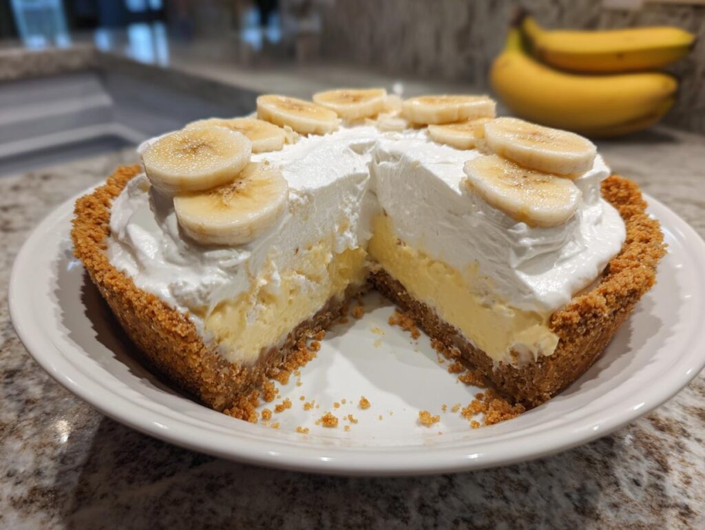 A delicious Silky Smooth Banana Cream Pie with a slice taken out, showing the creamy layers and banana topping.