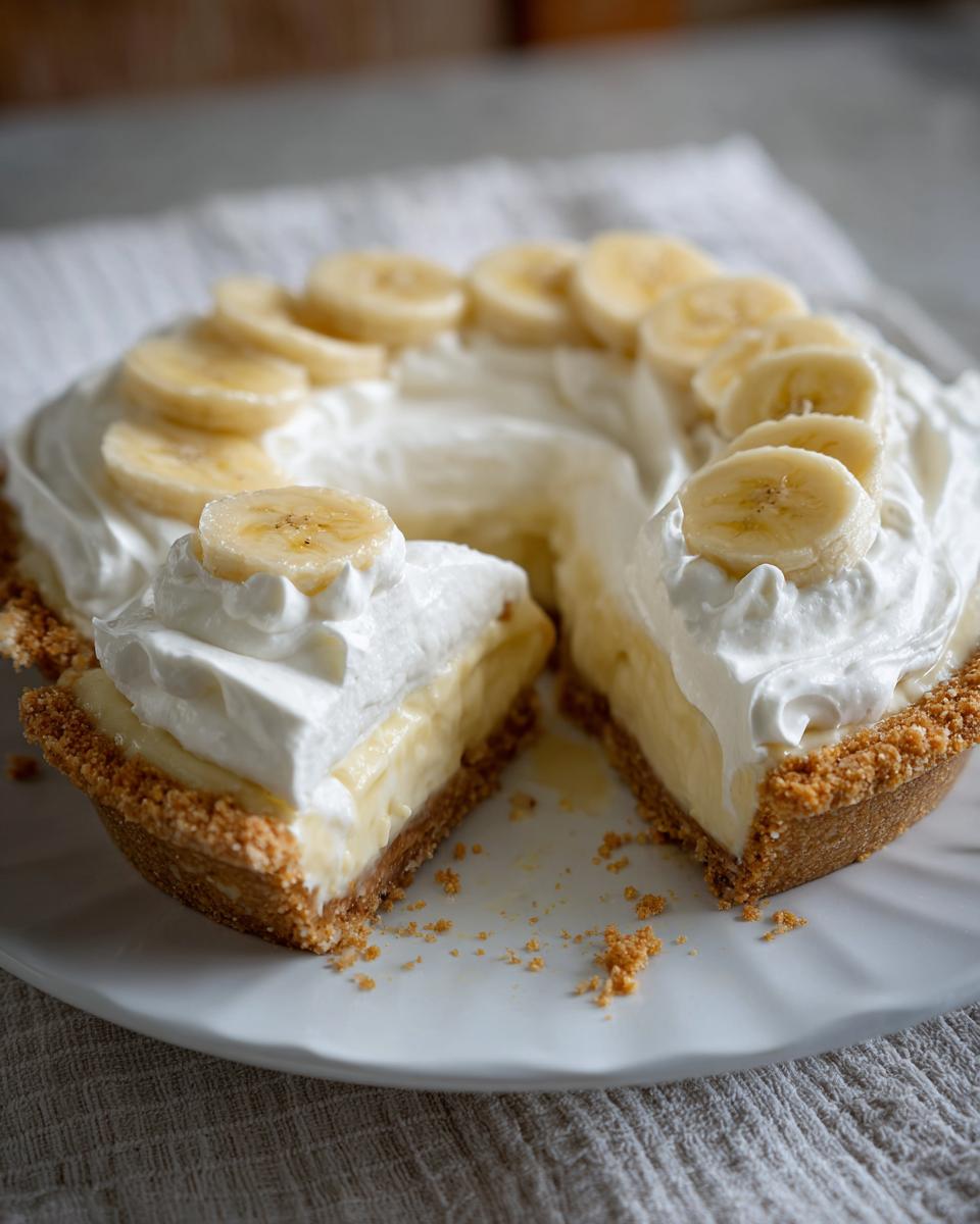 A Silky Smooth Banana Cream Pie with a slice cut out, topped with whipped cream and banana slices.