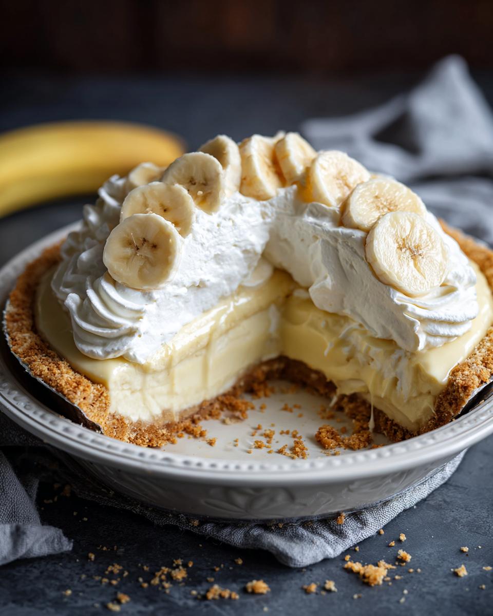 A partially eaten Silky Smooth Banana Cream Pie topped with whipped cream and banana slices.