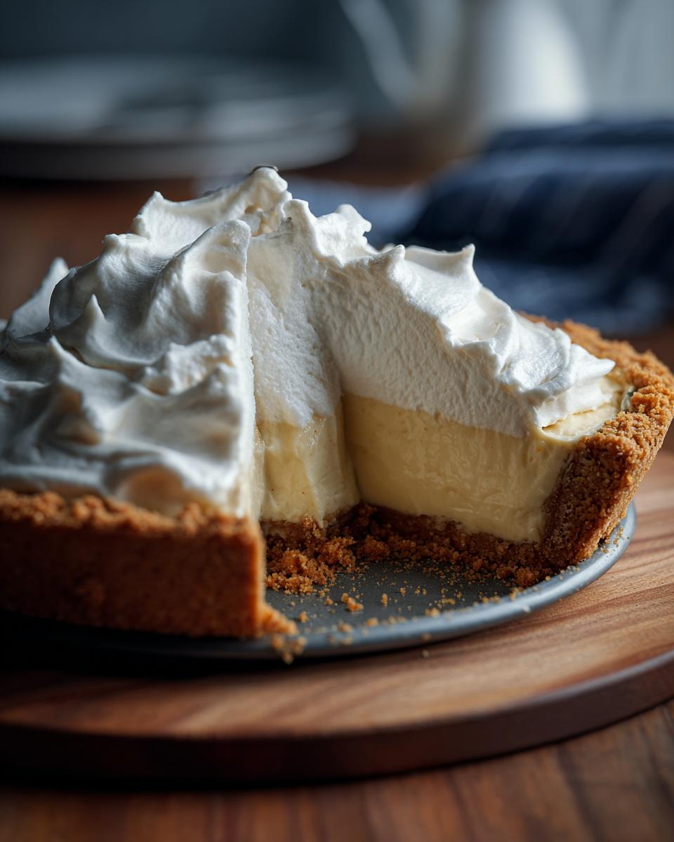 A slice of Silky Smooth Banana Cream Pie with a graham cracker crust and whipped cream topping.