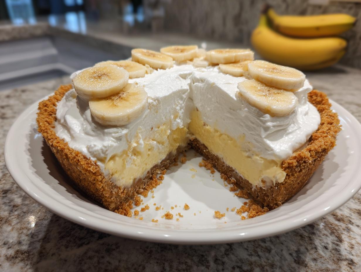 A delicious Silky Smooth Banana Cream Pie with a slice taken out, showing the creamy layers and banana topping.