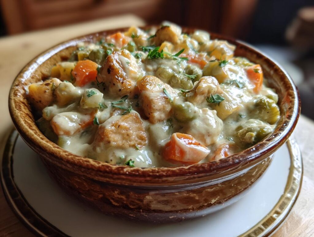 Close-up of Ultimate Slow-Cooker Chicken Pot Pie in a brown ceramic bowl, showcasing chicken, vegetables, and creamy sauce.