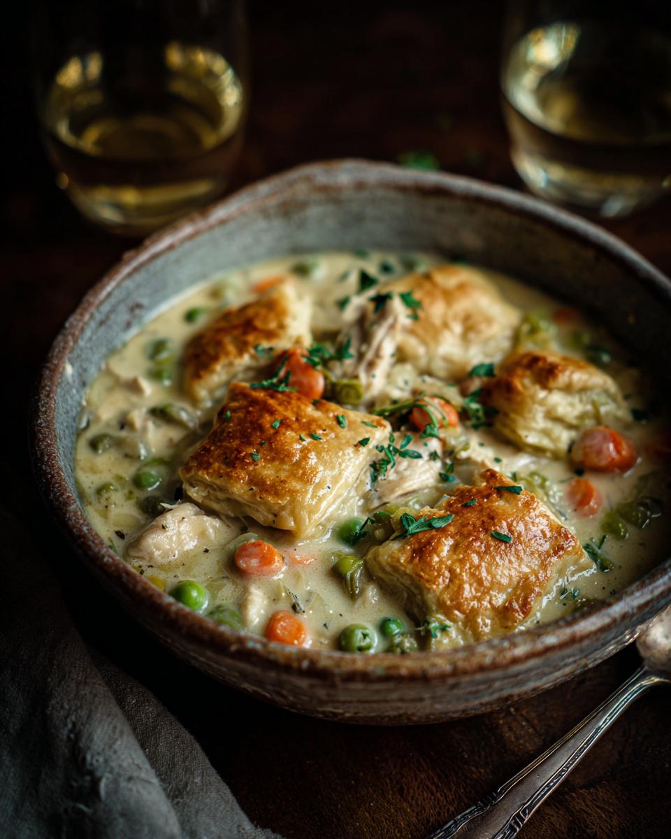 A rustic bowl filled with creamy Ultimate Slow-Cooker Chicken Pot Pie, topped with golden puff pastry squares.
