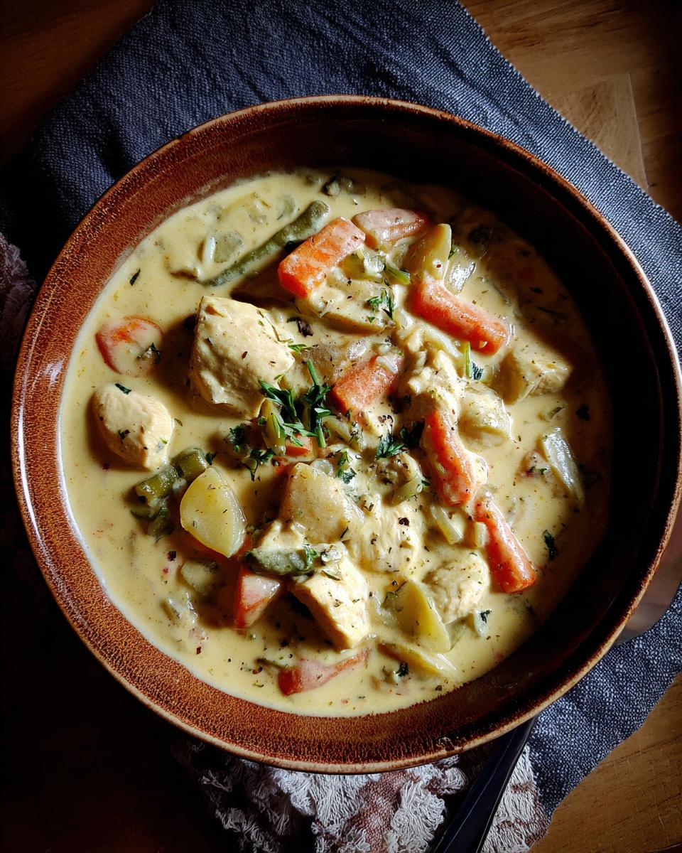 Overhead shot of a bowl filled with creamy Ultimate Slow-Cooker Chicken Pot Pie with chicken, carrots, and potatoes.