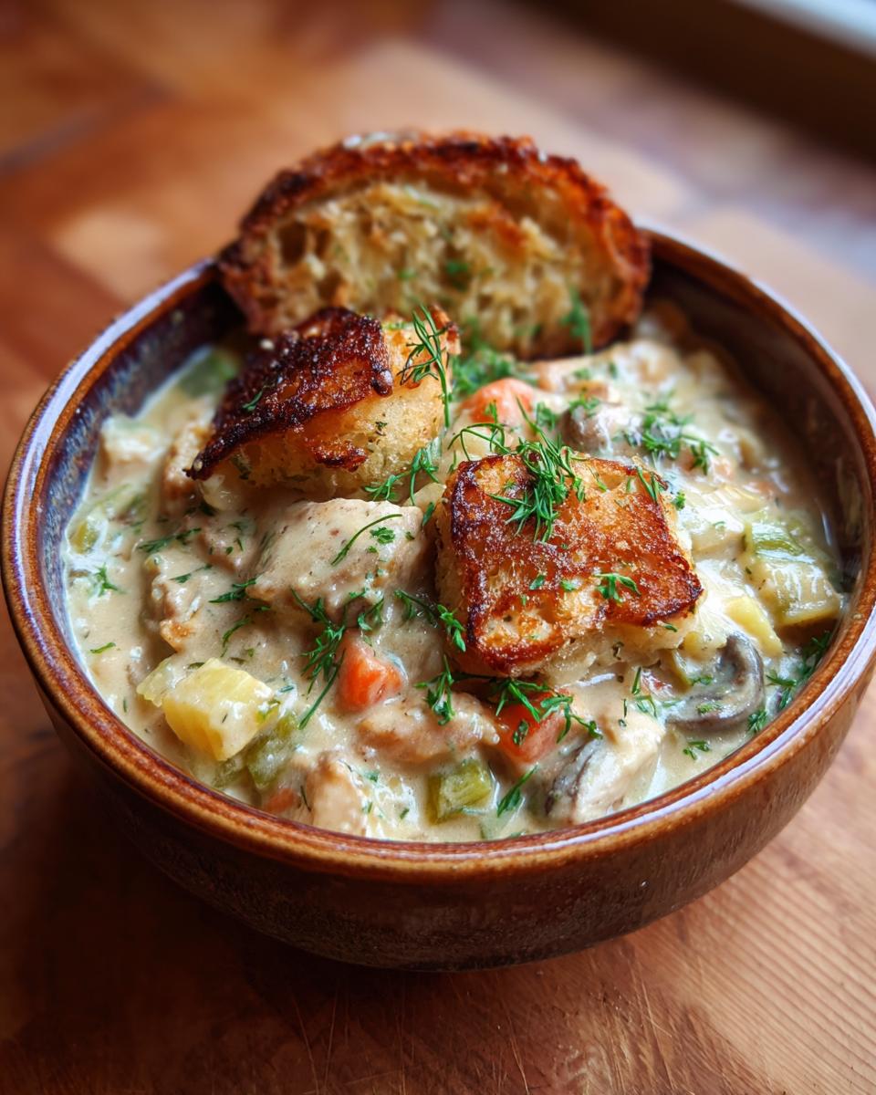 Bowl of Ultimate Slow-Cooker Chicken Pot Pie with vegetables and toasted bread pieces on top, garnished with dill.