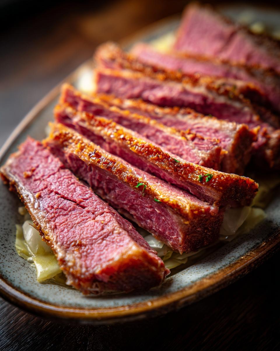 Close-up of sliced Tender Slow Cooker Corned Beef and Cabbage on a plate, showcasing the tender meat and cabbage.