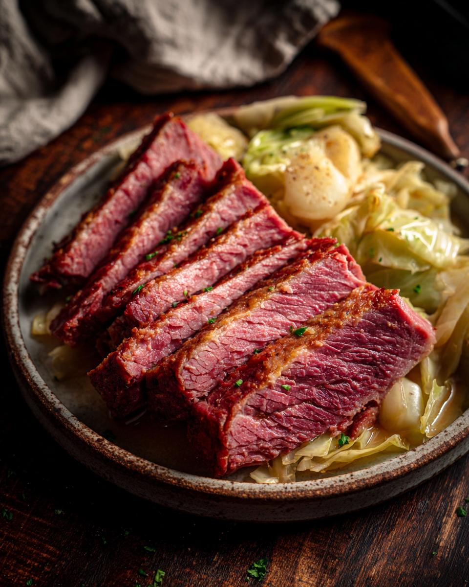 Slices of tender slow cooker corned beef served with cabbage on a rustic plate.