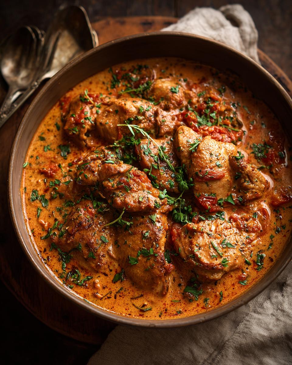 Bowl of Slow Cooker Creamy Tomato Basil Chicken Breast, garnished with herbs.