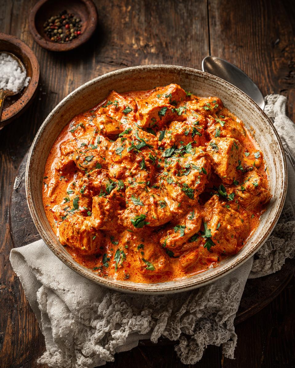 Bowl of Slow Cooker Creamy Tomato Basil Chicken Breast, garnished with fresh basil on a rustic wooden table.
