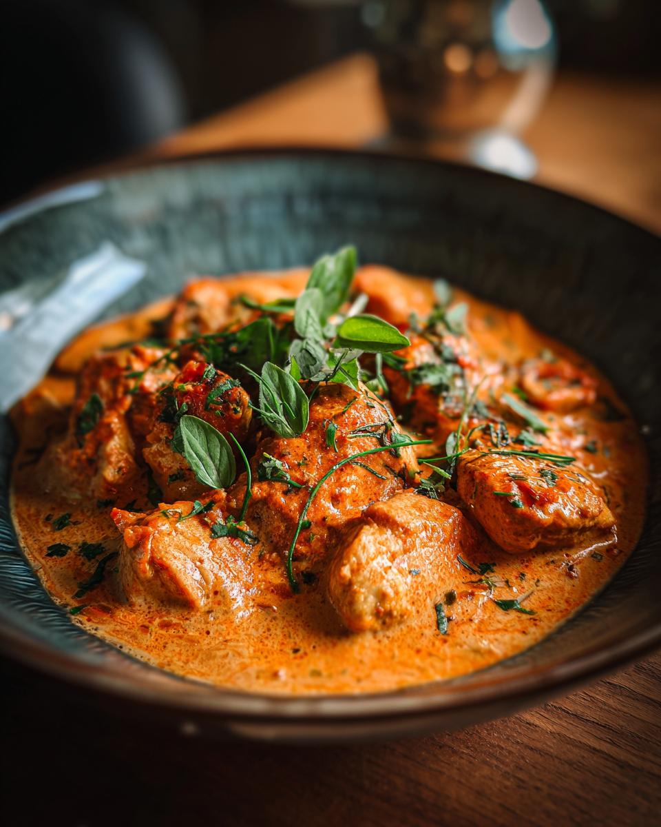 A bowl of Slow Cooker Creamy Tomato Basil Chicken Breast, garnished with fresh basil.