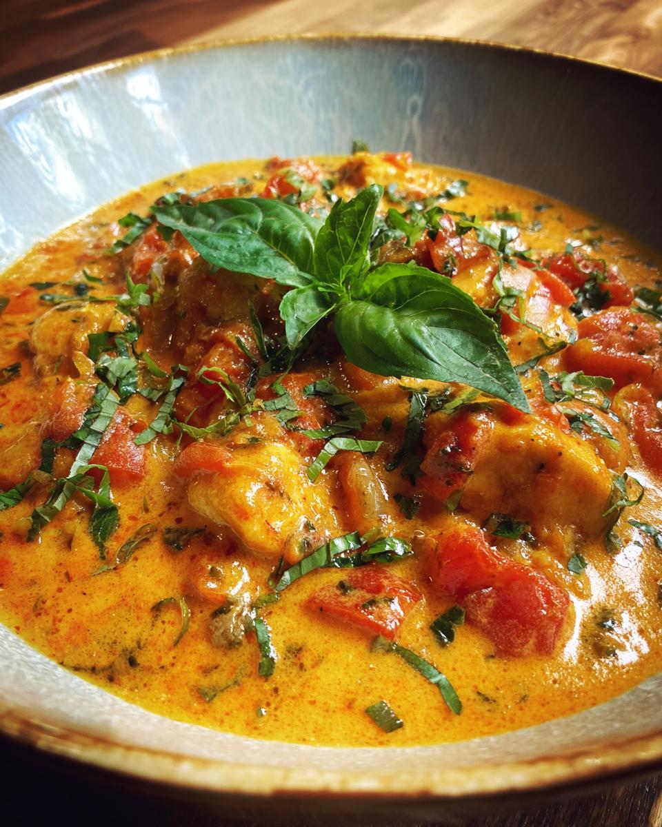 Close-up of Slow Cooker Creamy Tomato Basil Chicken Breast in a bowl, garnished with fresh basil.