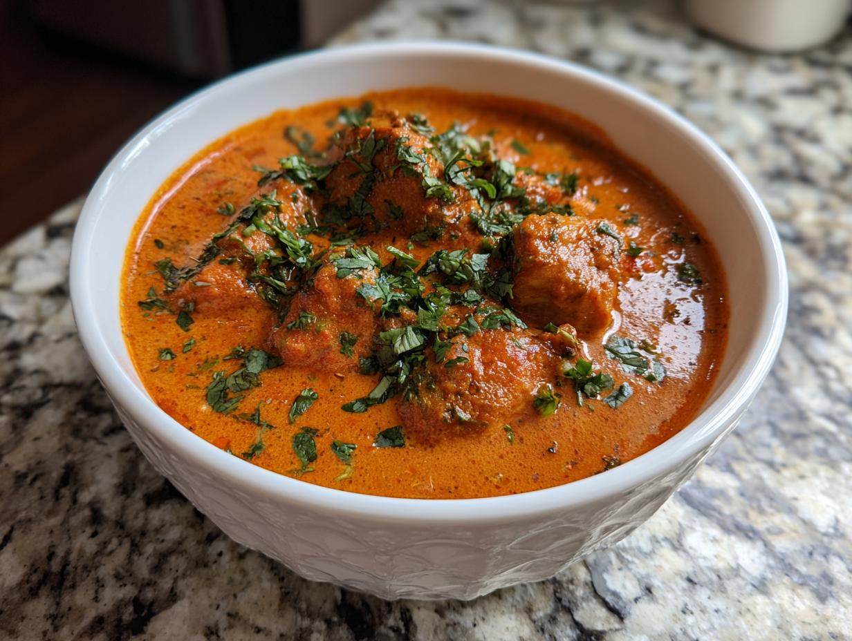 A bowl of Slow Cooker Creamy Tomato Basil Chicken Breast, garnished with fresh basil.