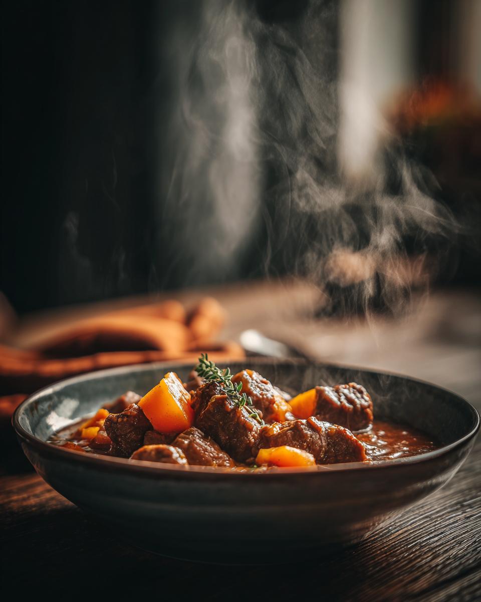 A bowl of steaming Ultimate Slow Cooker Pork Stew with visible pork chunks, vegetables, and herbs.