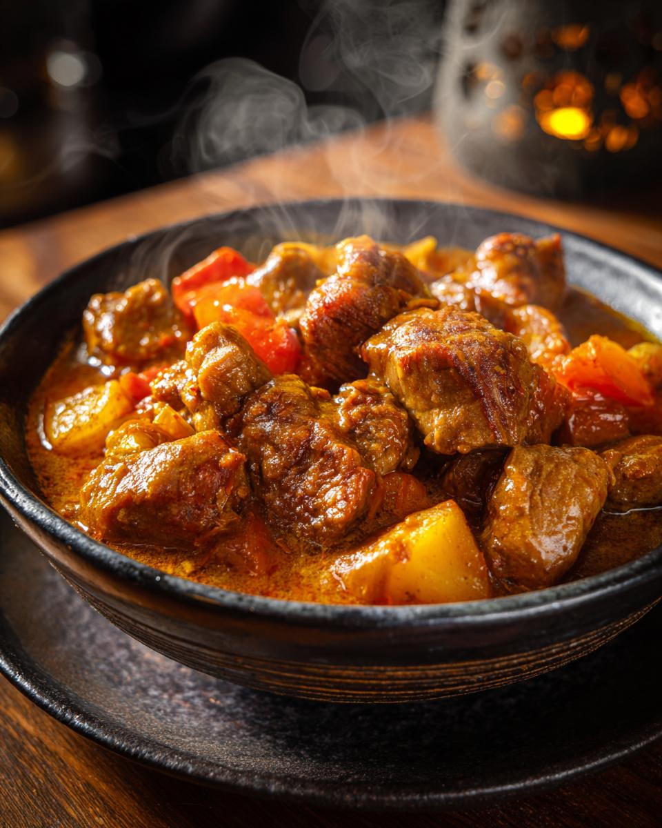A steaming bowl of Ultimate Slow Cooker Pork Stew with tender pork, potatoes, and vegetables.